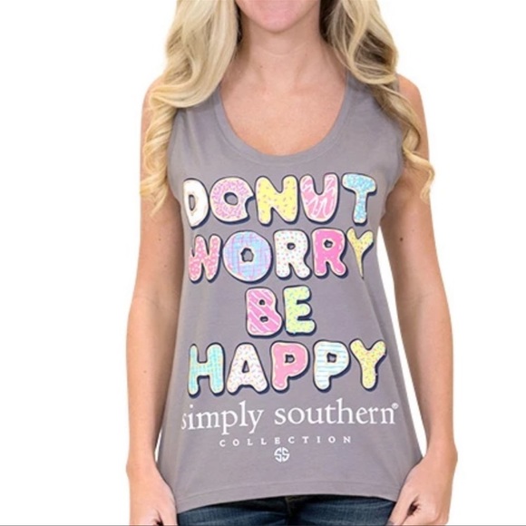 Simply Southern Tank Top “Donut Worry Be Happy” Tee | Grey/Multi | S - Picture 1 of 12